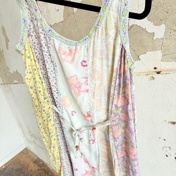 Vtg 90s Patchwork Maxi Dress Rayon Embroidered Trim Tie Back Waist Womens L Boho - Picture 8 of 8